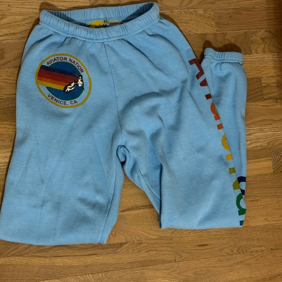 Aviator Nation Pants - Aviator Nation Kids Light Blue Sweatpants with Rainbow Logo